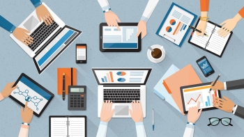 Cartoon image of hands using tablets and laptops