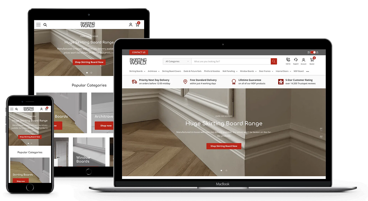 Skirting World site on mobile, tablet and laptop