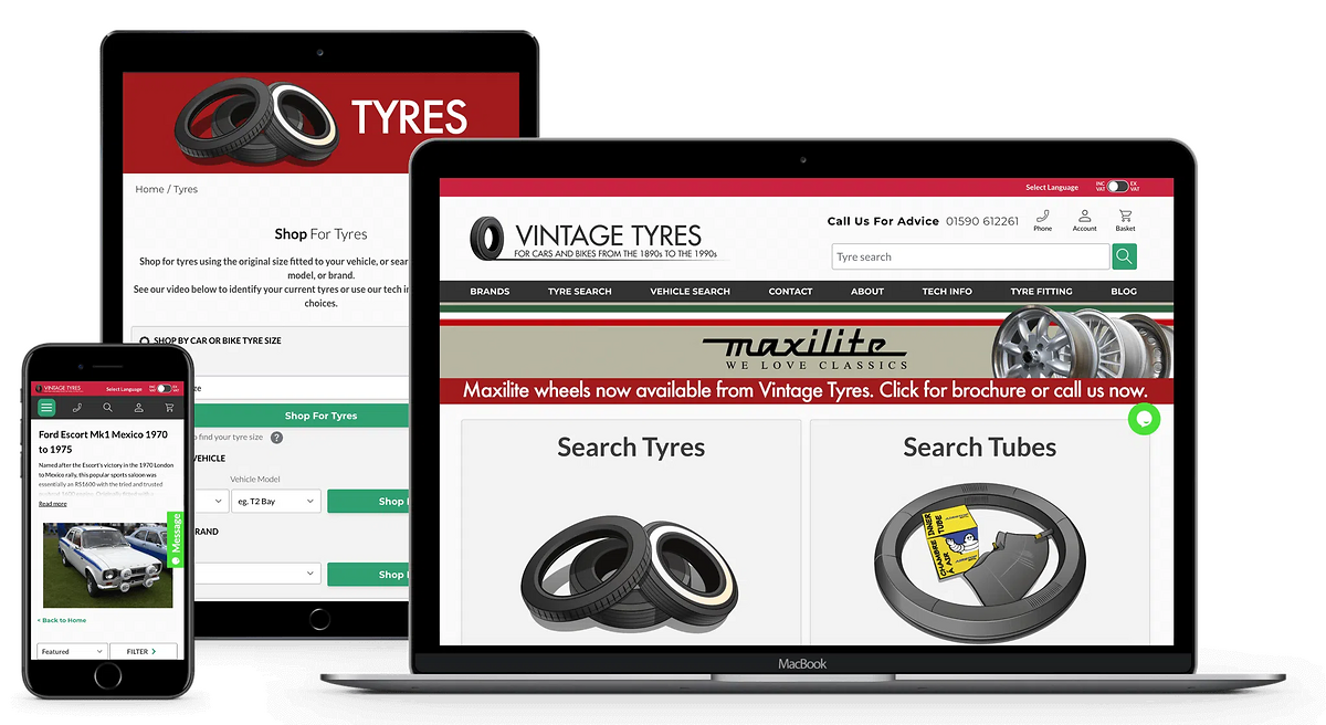 Vintage Tyres site on mobile, tablet and laptop
