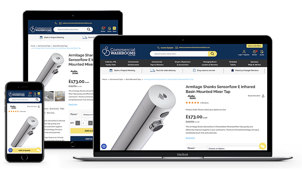 Comercial Washrooms website on 3 different devices