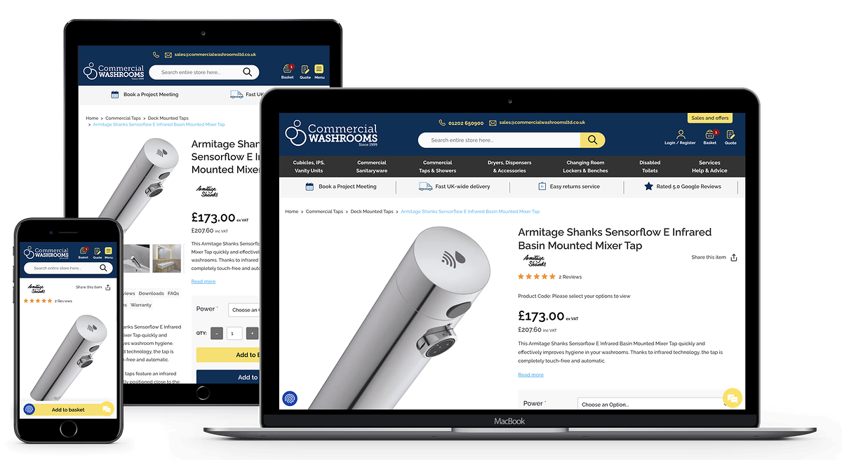 Commercial Washroom's website on multiple screen sizes