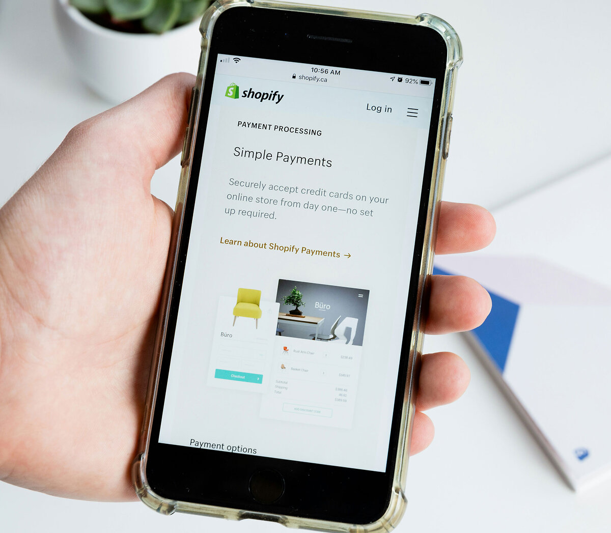 Mobile phone with Shopify Payments info