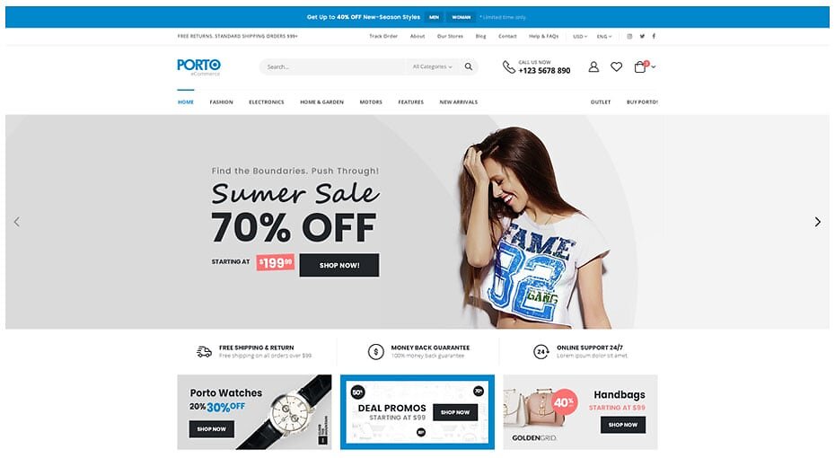 Porto homepage with summer sale