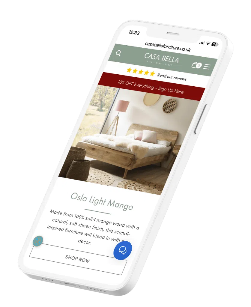 Casa Bella home page on mobile