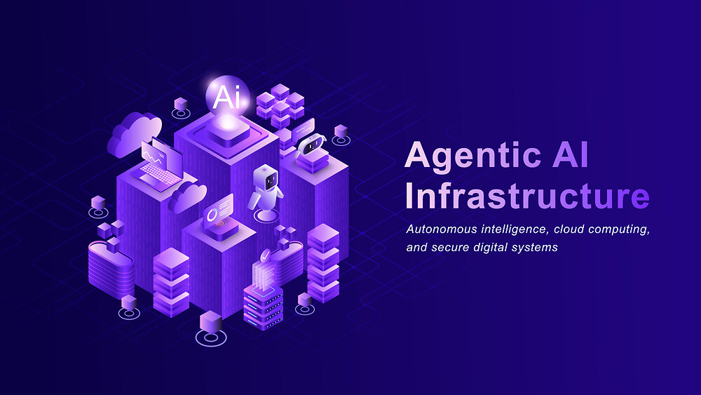 Agentic AI network ecosystem with autonomous robots and artificial intelligence isometric style