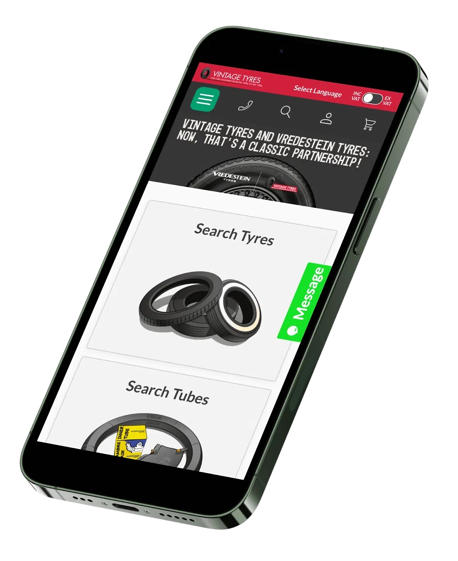 Vintage Tyres home page on mobile