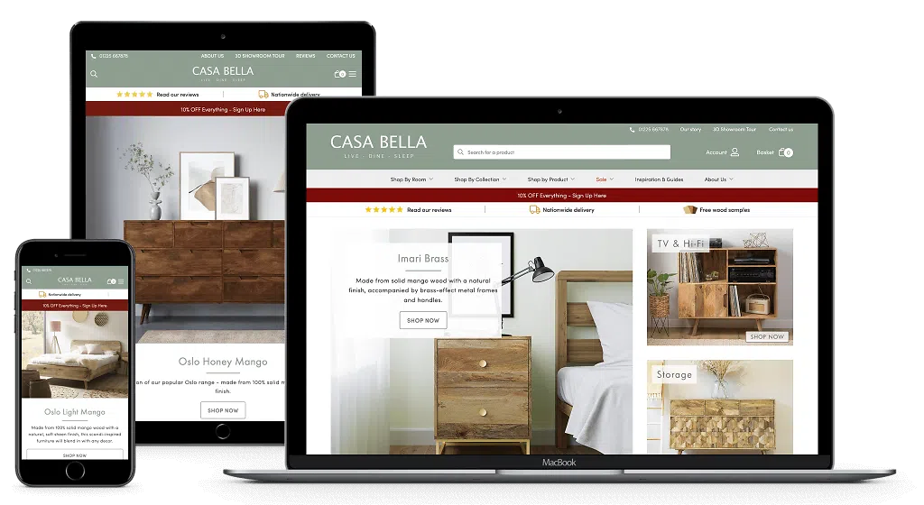 Casa Bella site on mobile, tablet and laptop
