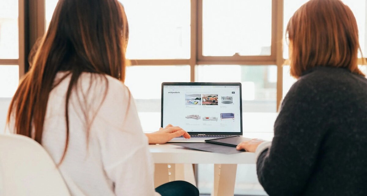 Two women using a laptop with a furniture website