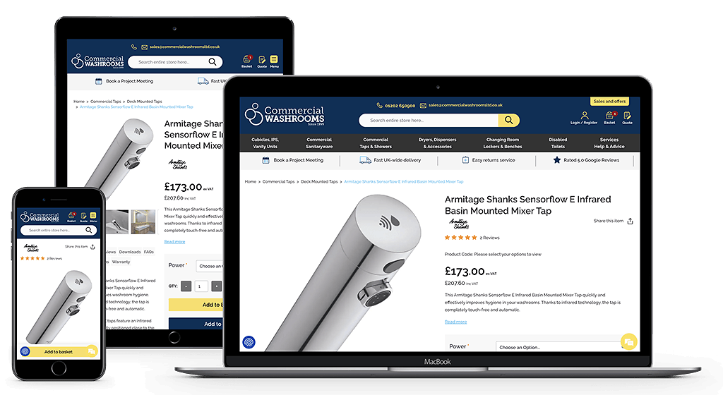 Commercial Washroom's website on multiple screen sizes