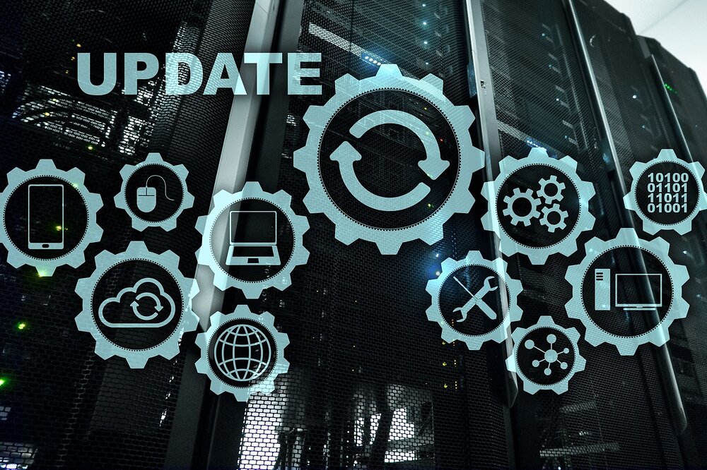 Update Software Computer on Virtual Screen Server Room Datacenter Background. Technology Updating Concept.