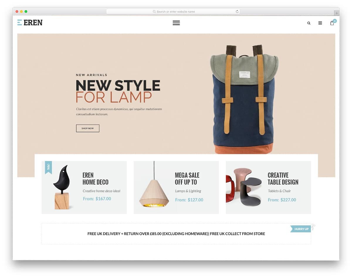 Eren website homepage with rucksack image