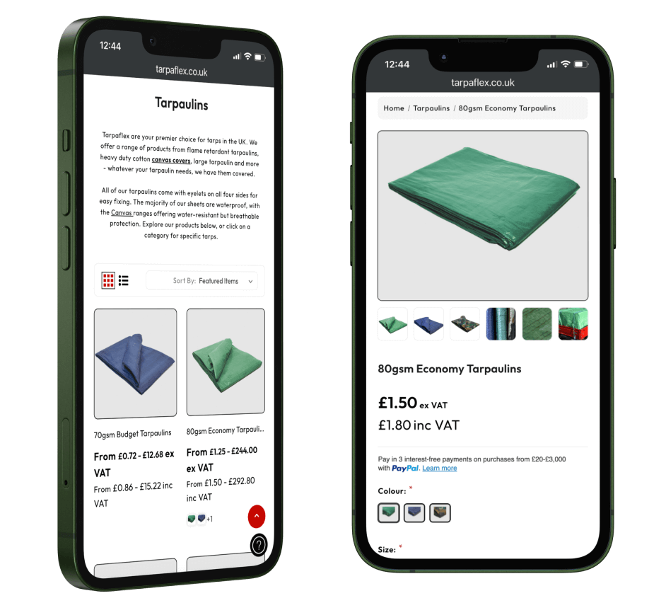 Tarpaflex Product Pages On Mobile